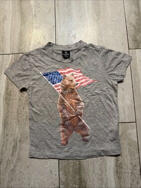 Revolution Kids Gray Bear Holding American Flag Graphic Tee